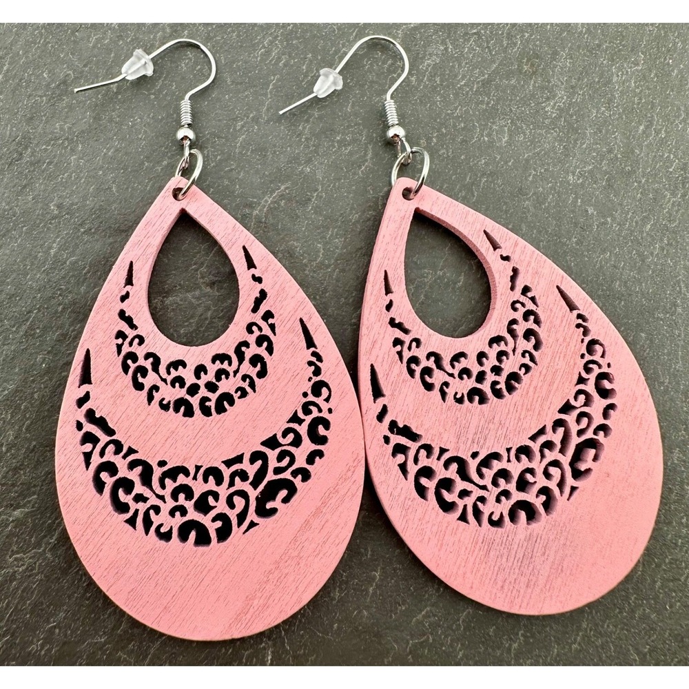 Pink Stained Teardrop Earrings Laser Cut Wood BOHO